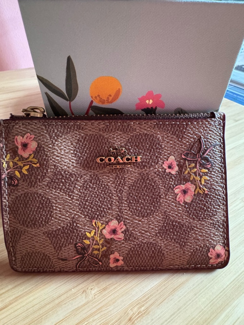 Coach Brown Signature Floral Zip Pouch with Pink Accents - Picture 2 of 4